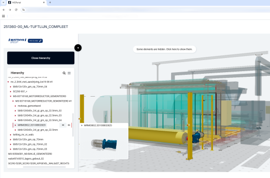 User interface of MG Portal showing a tuftmachine exploded 3D view of a Matthys machine. 